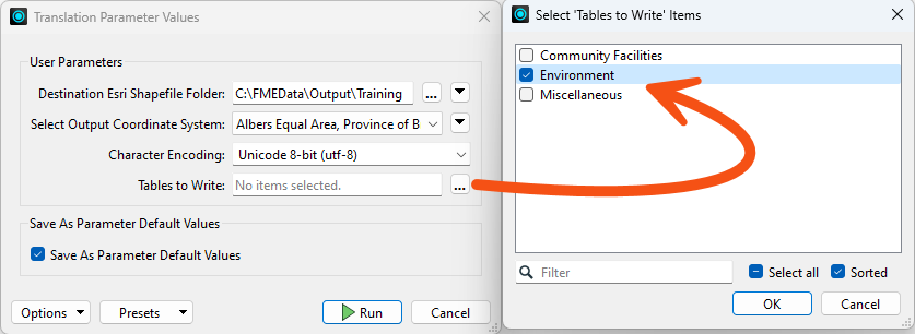 Running with user parameters and making a selection